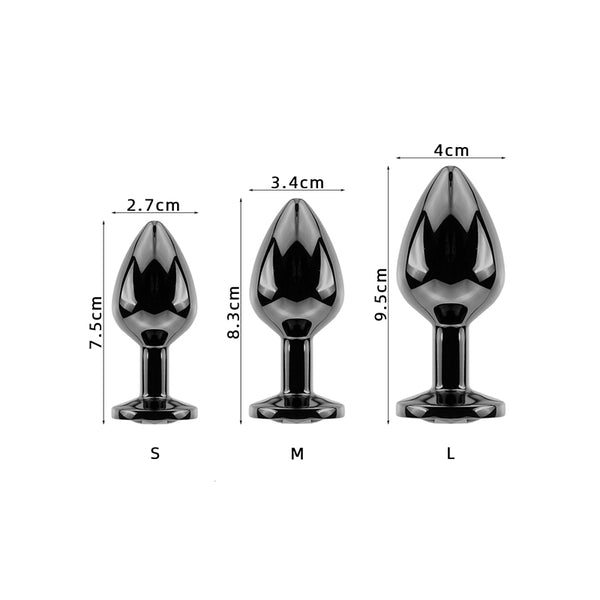 Black Stainless Steel Butt Plug with Gem Set - Small, Medium & Large