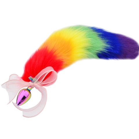 Fluffy Fox Tail Stainless Steel Butt Plug - Rainbow